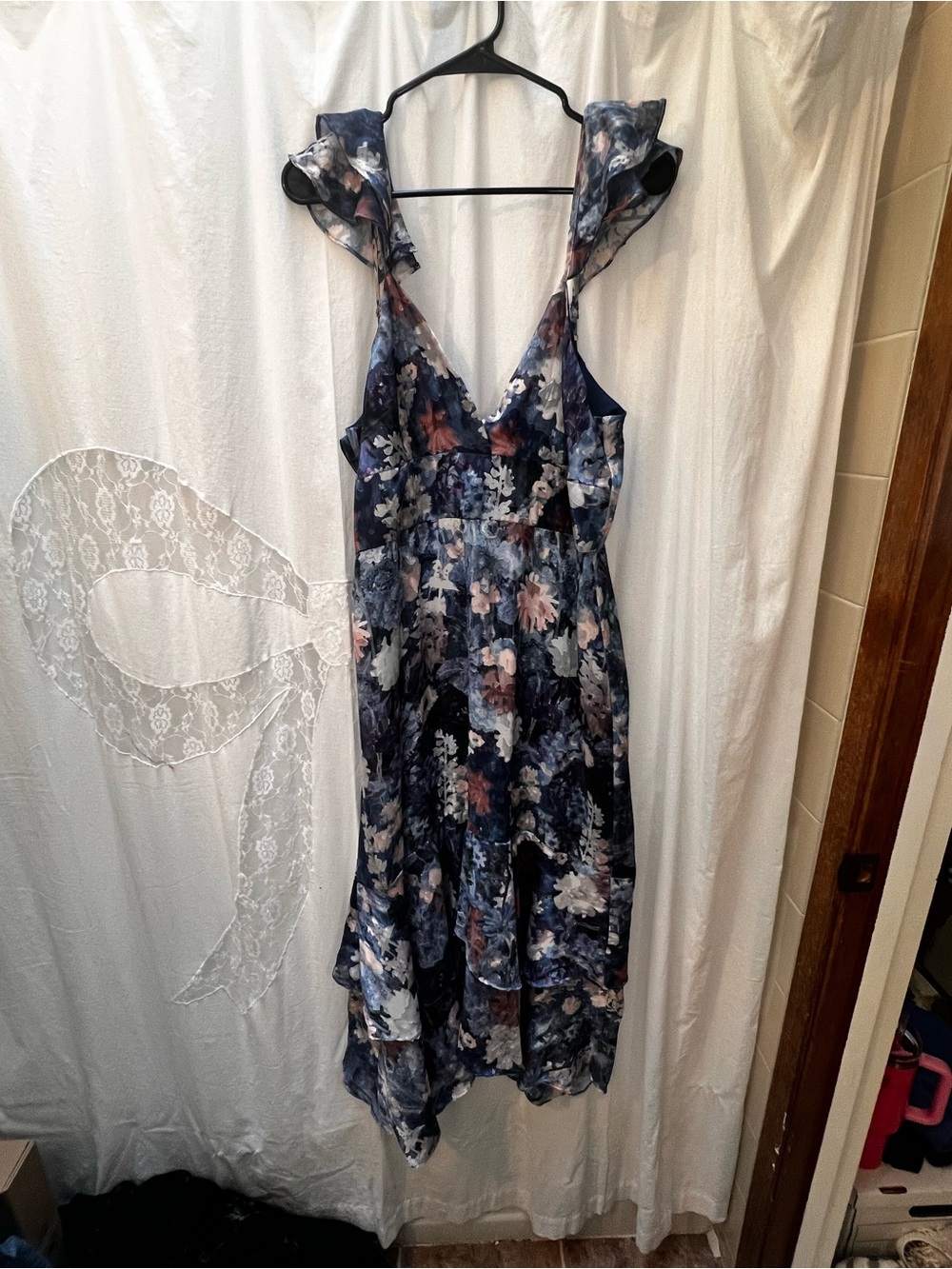 Hutch Navy Floral High-Low Ruffle-Shoulder Dress